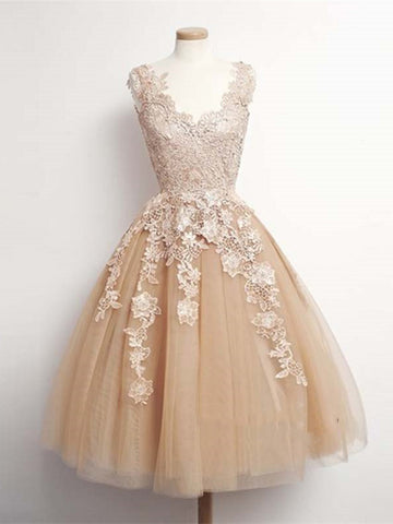 A Line V Neck Champagne Lace Prom Dresses, Champagne Lace Formal Dresses, Homecoming/Graduation Dresses
