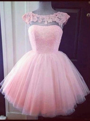 Custom Made Pink Tulle Round Neck Short Lace Prom Dress, Homecoming Dress