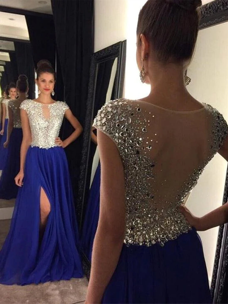 Custom Made Cap Sleeve Royal Blue Prom Dresses 2016 Long Chiffon With Crystals