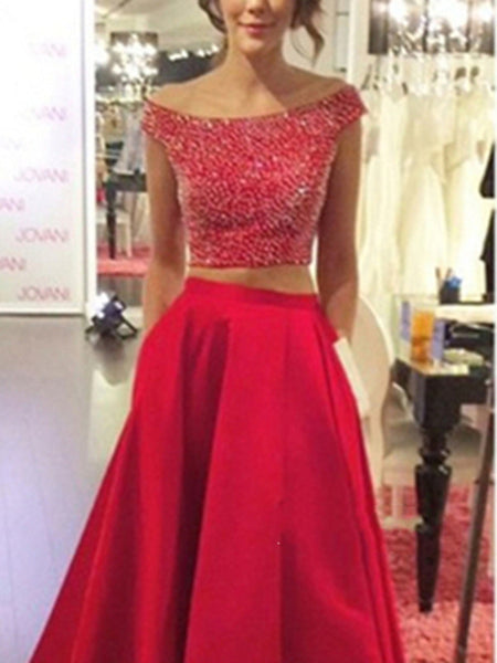 A Line Round Neck Cap Sleeves 2 Pieces Red Prom Dress, 2 Pieces Red Formal Dress
