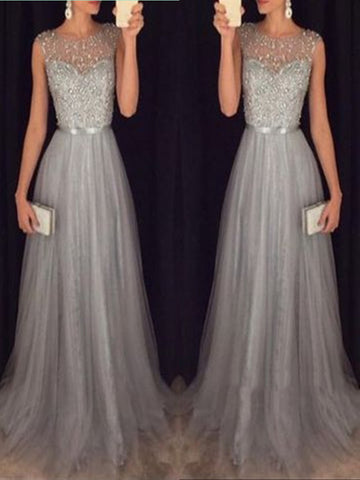 A Line Round Neck Sleeveless Grey Prom Dresses With Sweep Train, Grey Formal Dresses