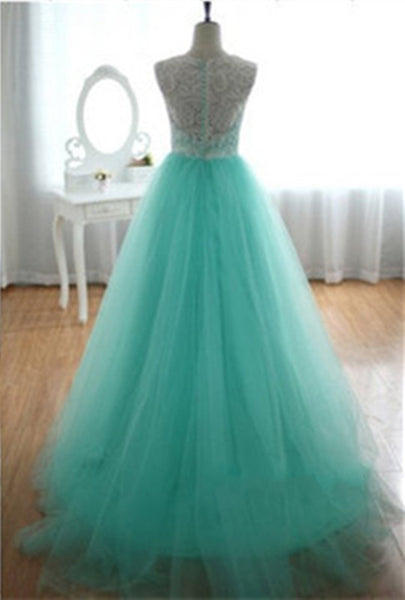 Custom Made Turquoise Ball Gown Round Neckline Sweep Train Lace Wedding Dress/ Bridal Dress/ Green Wedding Gown