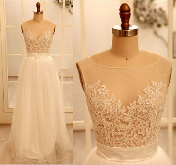 A Line Round Neck Lace Wedding Dresses, Deep V Neck Back Dress, Ivory Dresses For Wedding