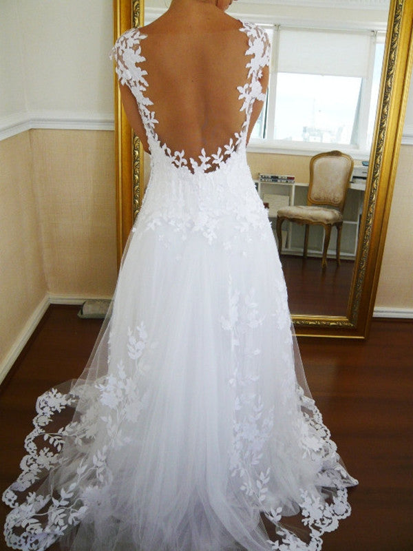 Long Ball Gown Backless Lace Wedding Dresses, Prom Dress, Formal Dresses, Backless Lace Bridal Dress