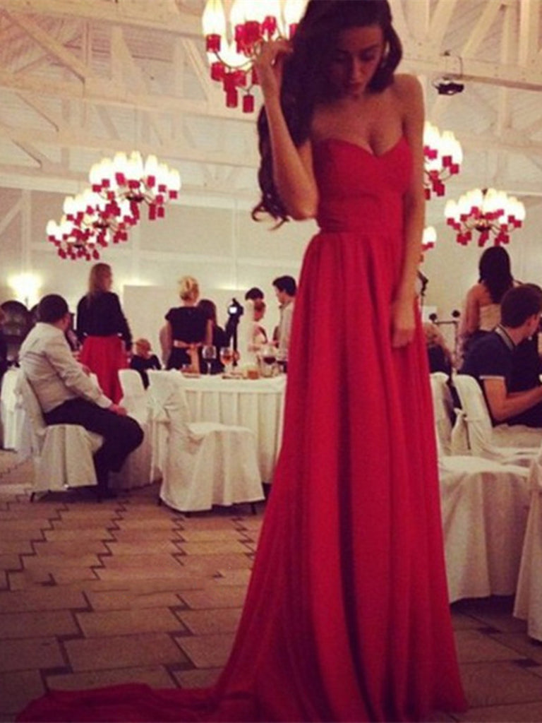 Sweetheart Neck Red Long Prom Dresses With Train, Red Formal Dresses 2015, Red Evening Dresses