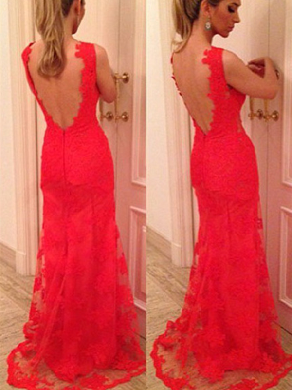 Custom Made V Neck Back Mermaid Red Lace Prom Dresses, Red Lace Formal Dresses