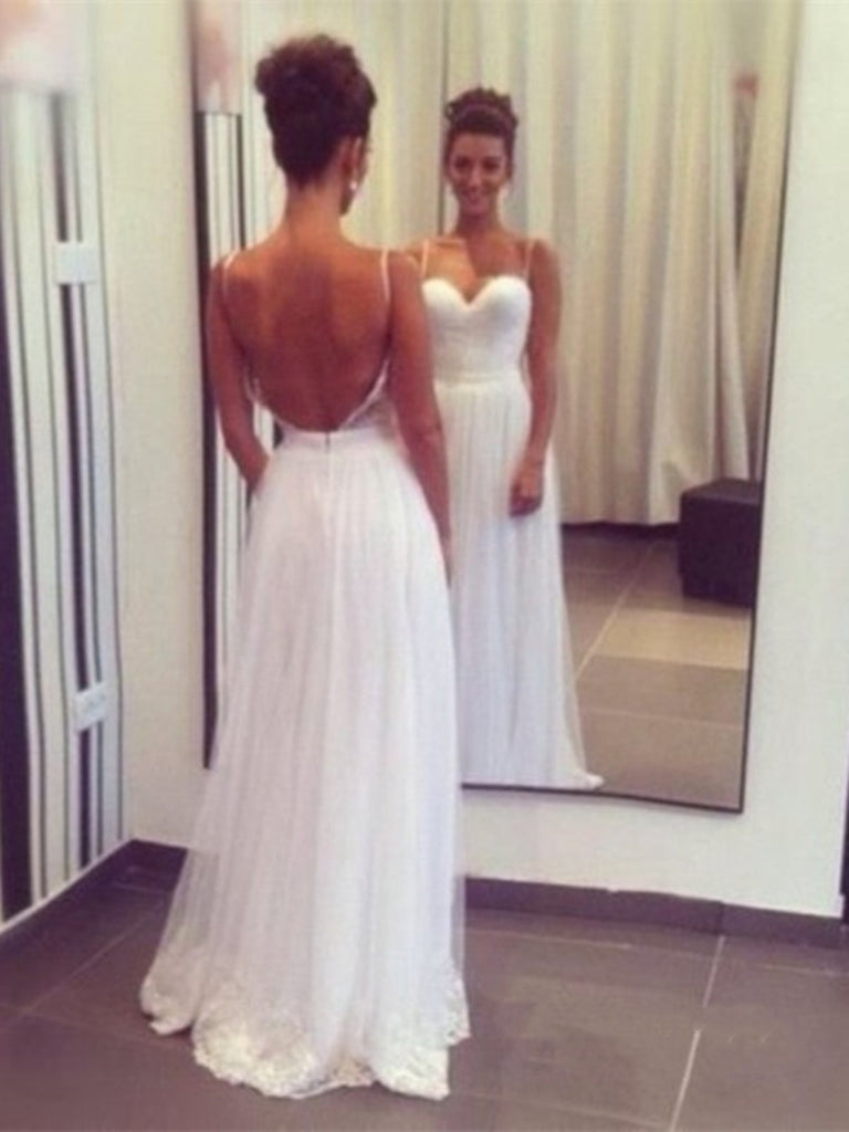 A Line Sweetheart Backless Prom Dresses, White Backless Party Dresses, White Formal Dresses