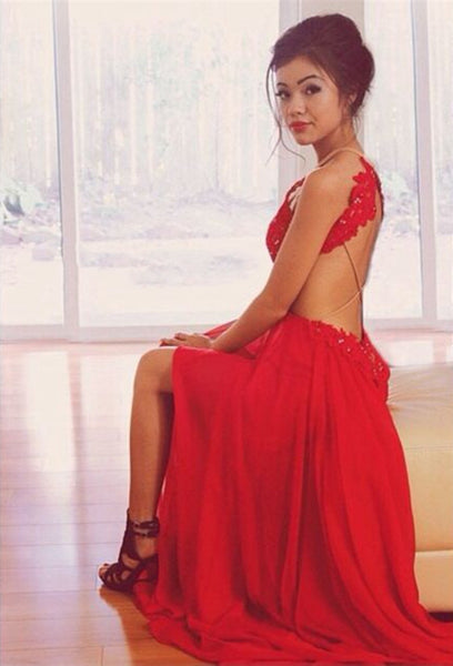 A Line Round Neck Red Lace Prom Dresses, Red Lace Formal Dresses, Red Lace Evening Dresses