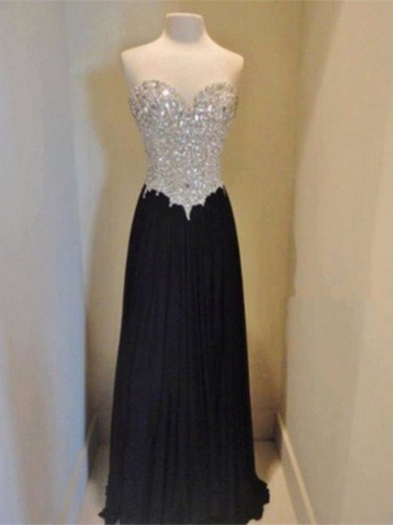 A Line Sweetheart Neckline Long Black Prom Dresses, Black Evening Dresses