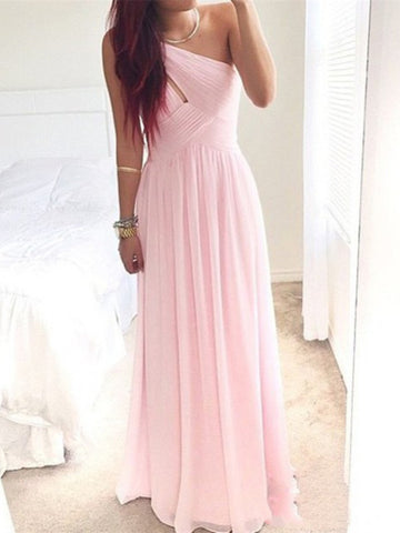 A Line One Shoulder Pink Floor Length Prom Dresses, Evening Dresses