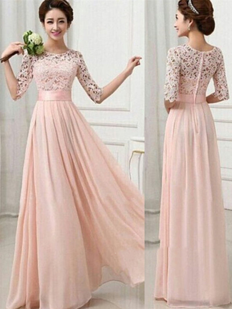 A Line Round Neck Half Sleeves Pink Lace Long Prom Dresses, Evening Dresses