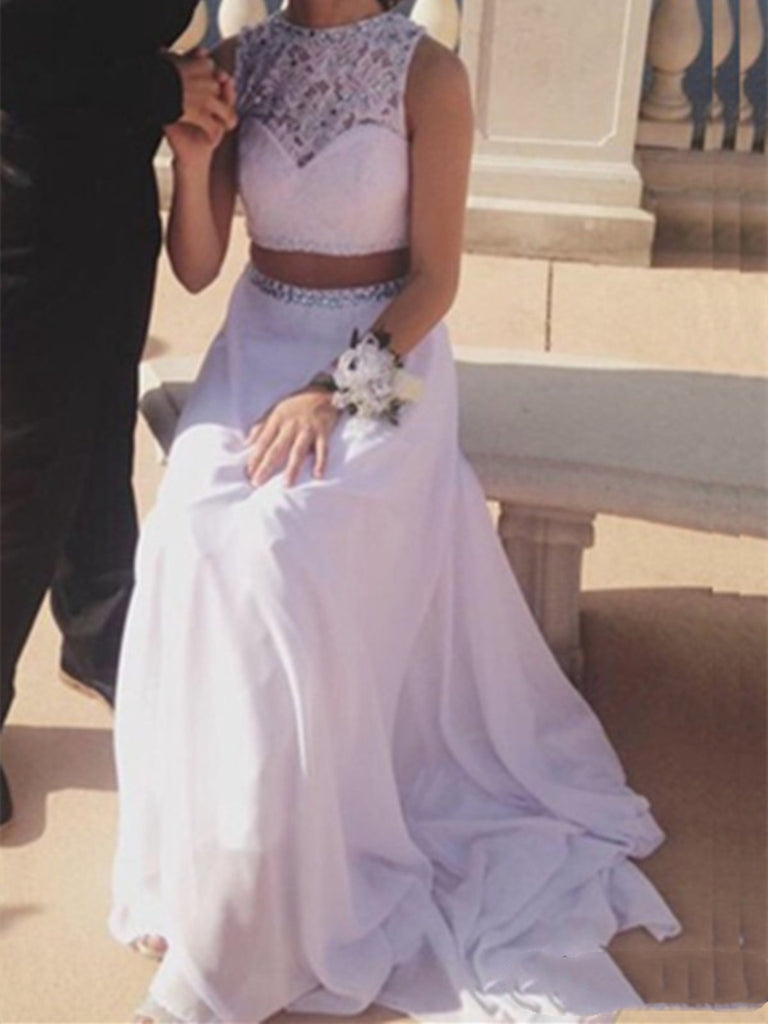 Round Neck 2 Pieces White Lace Prom Dresses, White Formal Dresses