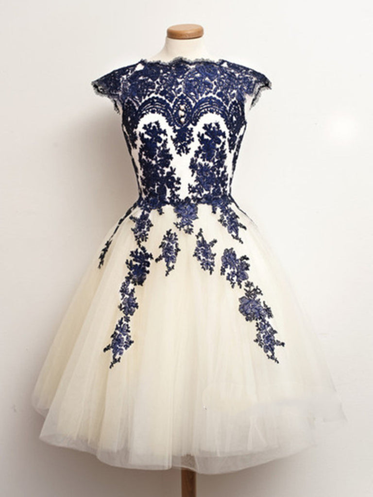 Round Neck White And Blue Short Lace Prom Dresses, Short Dresses For Prom, Homecoming Dresses