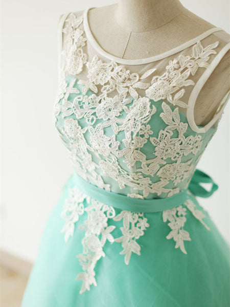 Custom Made A Line Round Neck Short Lace Prom Dresses, Bridesmaid Dresses