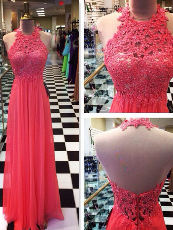 Custom Made A Line Halter Neck Floor Length Lace Prom Dresses, Dresses For Party