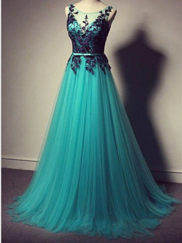 Custom Made A Line Round Neck Long Lace Prom Dresses, Dresses For Party