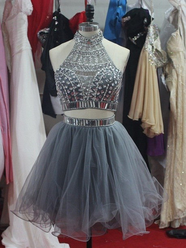 Custom Made A Line Two Pieces Short Grey Prom Dresses, Short Homecomin Shiny Party Custom Made A Line Two Pieces Short Grey Prom Dresses, Short Homecomin Shiny Party