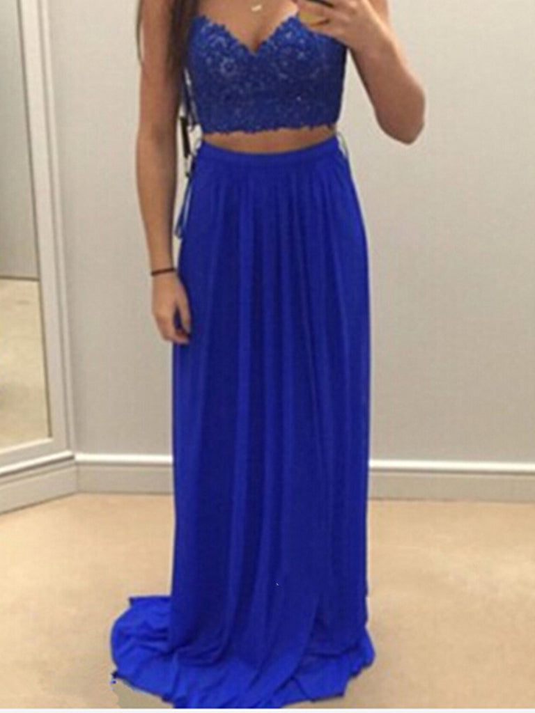 Royal Blue 2 Pieces Lace Prom Dresses, 2 Pieces Royal Blue Bridesmaid Shiny Party Royal Blue 2 Pieces Lace Prom Dresses, 2 Pieces Royal Blue Bridesmaid Shiny Party