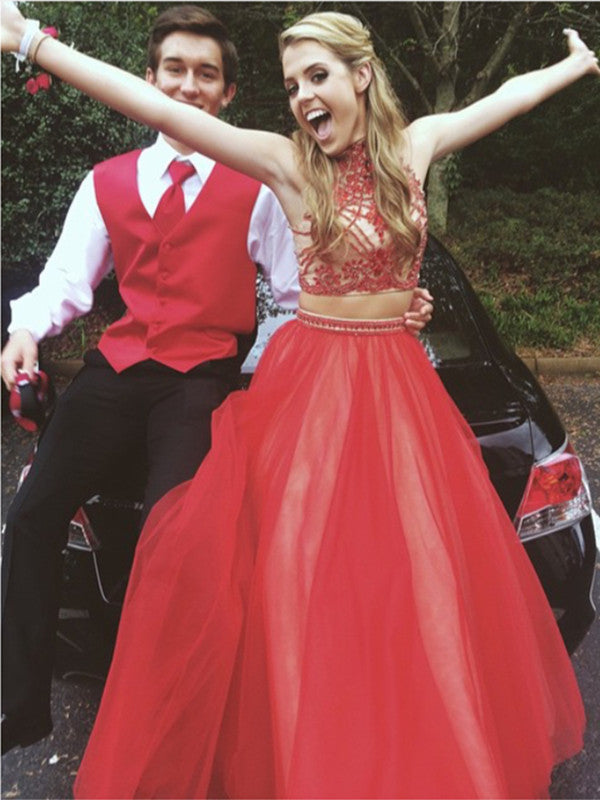 Custom Made High Neck 2 Pieces Long Red Prom Dress, 2 Pieces Red Formal Dress