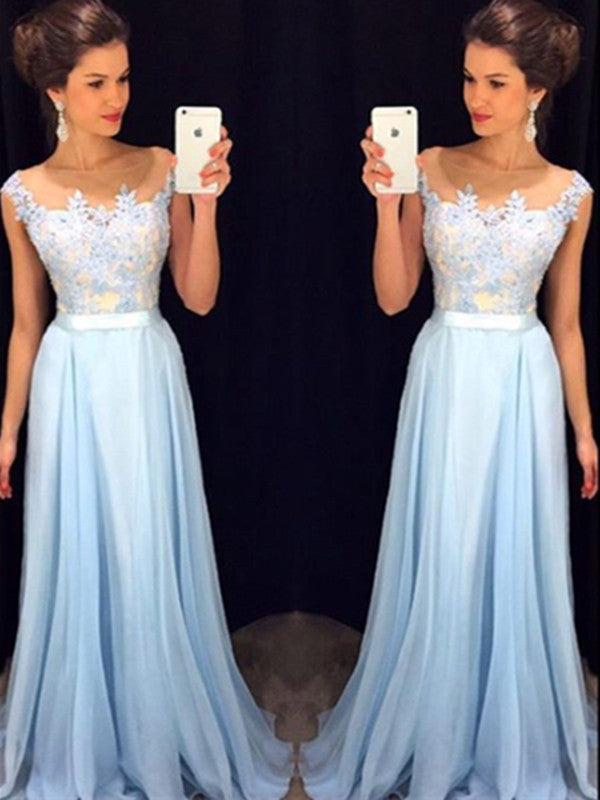 Custom Made A Line Round Neck Light Blue Lace Prom Dress, Long Lace Formal Dress