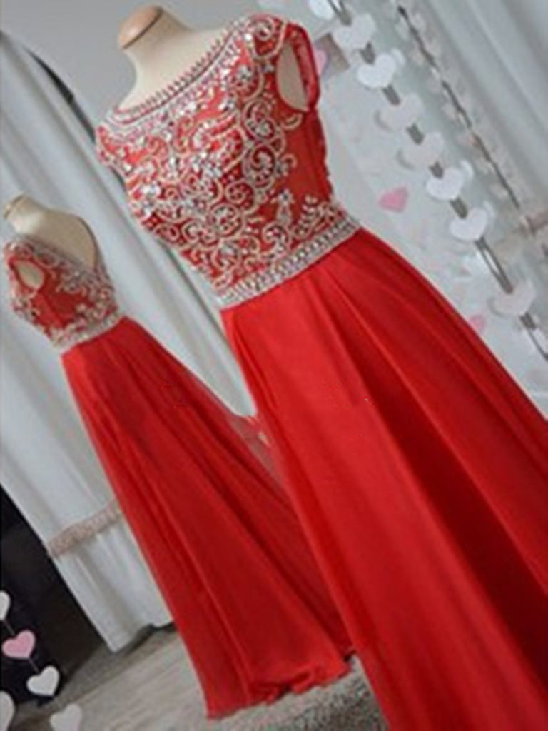 A Line Round Neck Red Long Prom Dresses, Long Evening Dresses, Formal Dresses