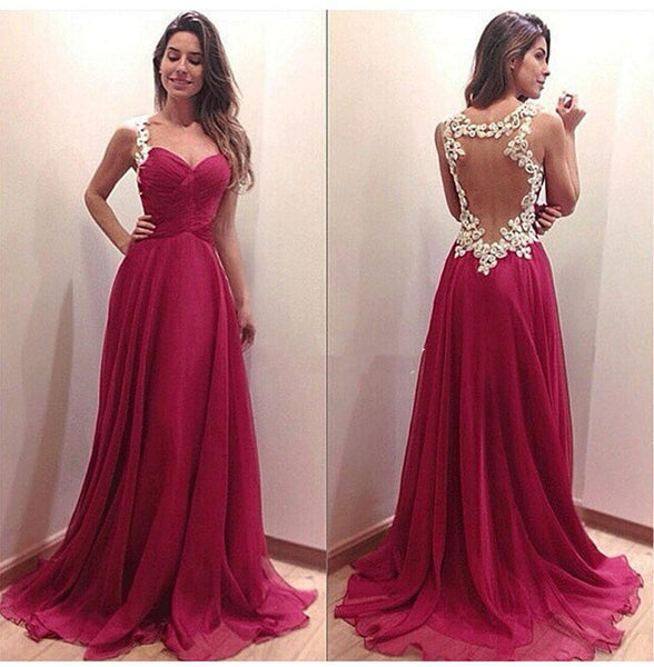 A-line Sweetheart Neck Backless Red Chiffon Long Prom Dresses, Evening Dresses