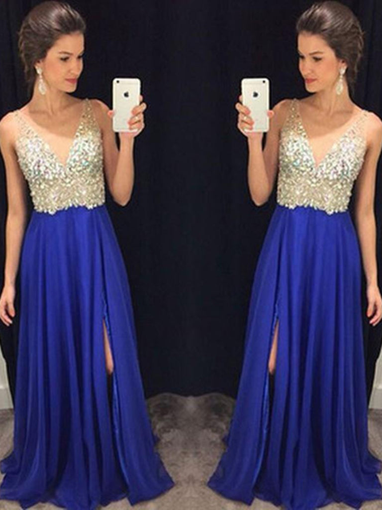 A Line V Neck Blue Prom Dresses, Blue Formal Dresses, Evening Dresses