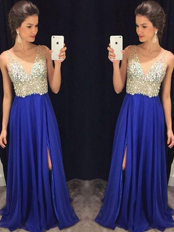 A Line V Neck Blue Prom Dresses, Blue Formal Dresses, Evening Dresses