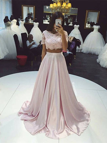 Custom Made 2 Pieces Pink Lace Prom Dresses, Pink Lace Formal Dresses