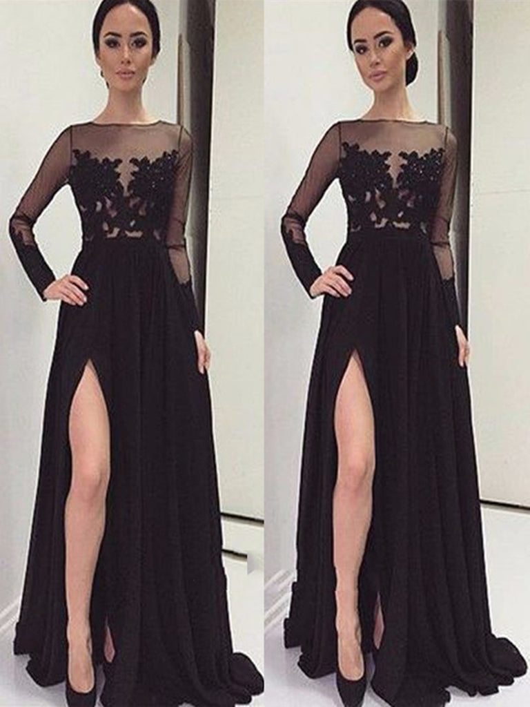 A Line Long Sleeves Black Lace Prom Dresses, Black Lace Formal Dresses