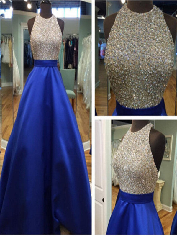Silhouette: Ball Gown  Neckline: Round Neck  Waist: Natural  Sleeve Length: Sleeveless  Fabric: Satin  Shown Color: Royal Blue