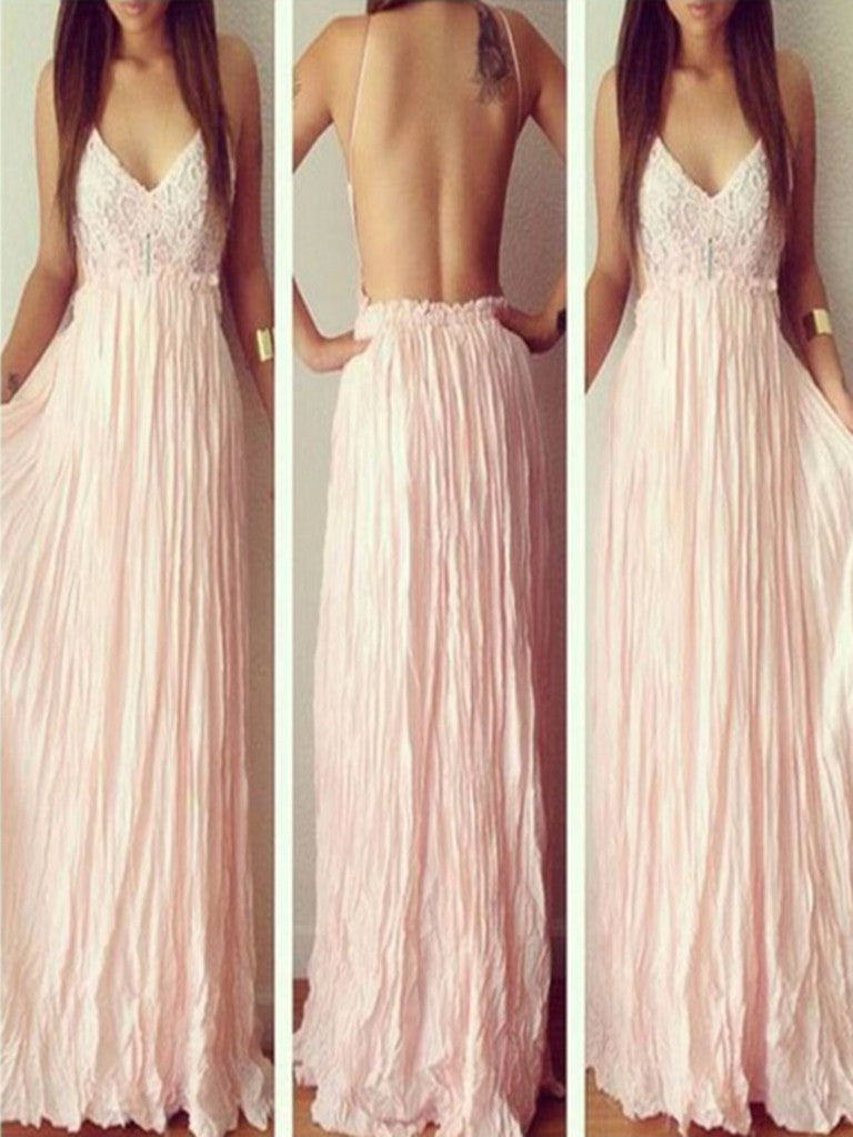 Custom Made V Neck Pink Backless Lace Prom Dresses, Pink Backless Form