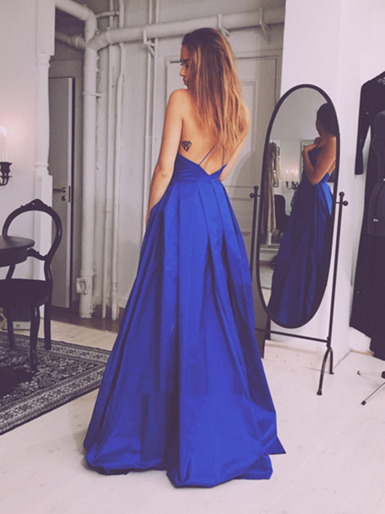 Custom Made A Line V Neck Backless Long Blue Prom Dress, Formal Dresses