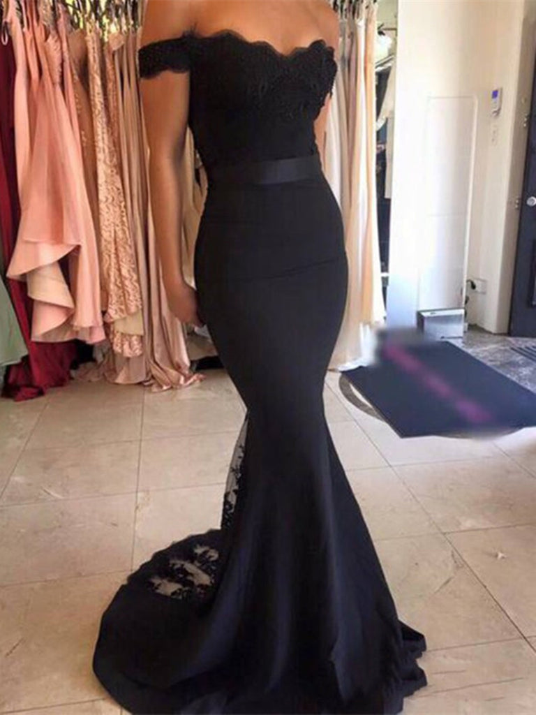 Off Shoulder Black Lace Mermaid Prom Dresses, Black Lace Mermaid Bride Shiny Party Off Shoulder Black Lace Mermaid Prom Dresses, Black Lace Mermaid Bride Shiny Party